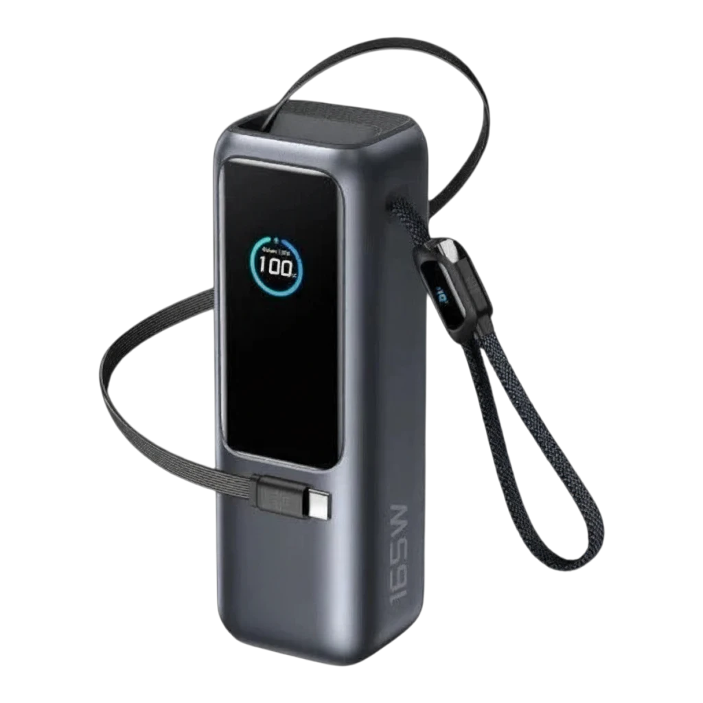 zero2cart 25000mAh 165W portable power bank in grey with digital display and integrated retractable charging cable