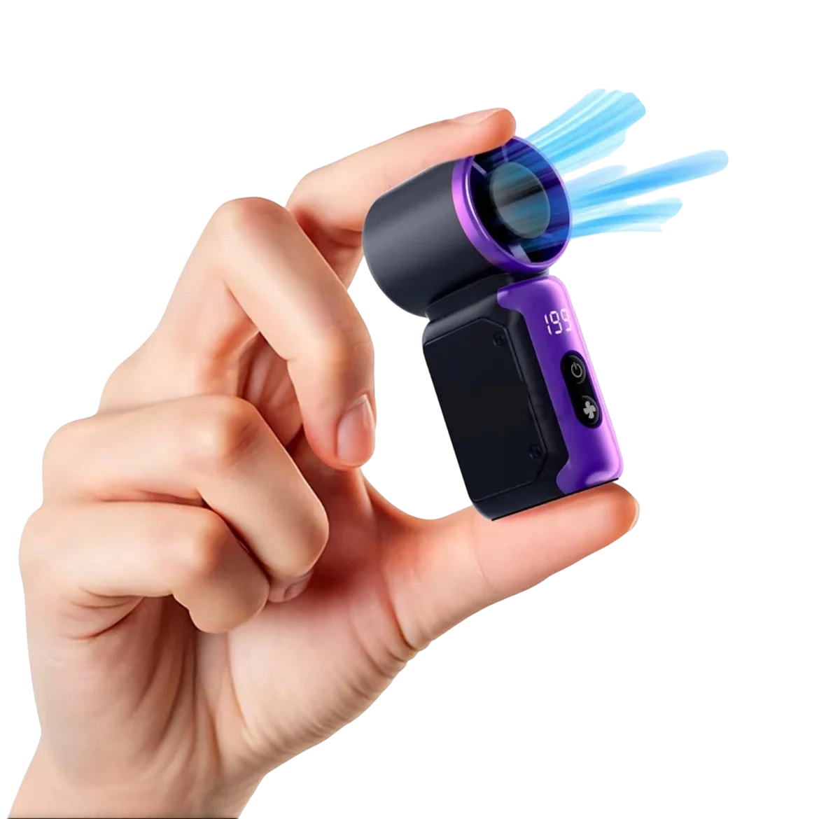 zero2cart portable purple and black mini bladeless fan with digital display held in hand against black background