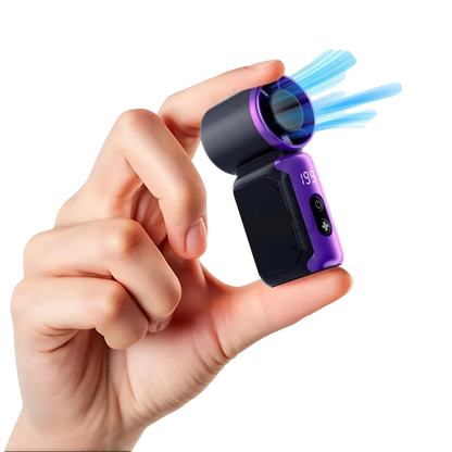 zero2cart portable purple and black mini bladeless fan with digital display held in hand against black background