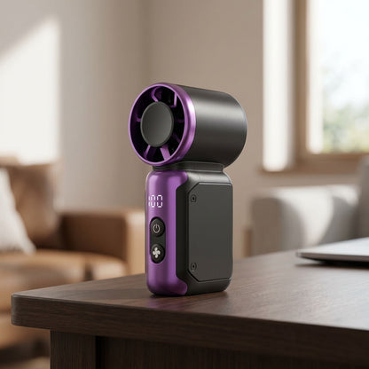zero2cart portable purple and black bladeless mini fan with digital display on a wooden desk in a bright room