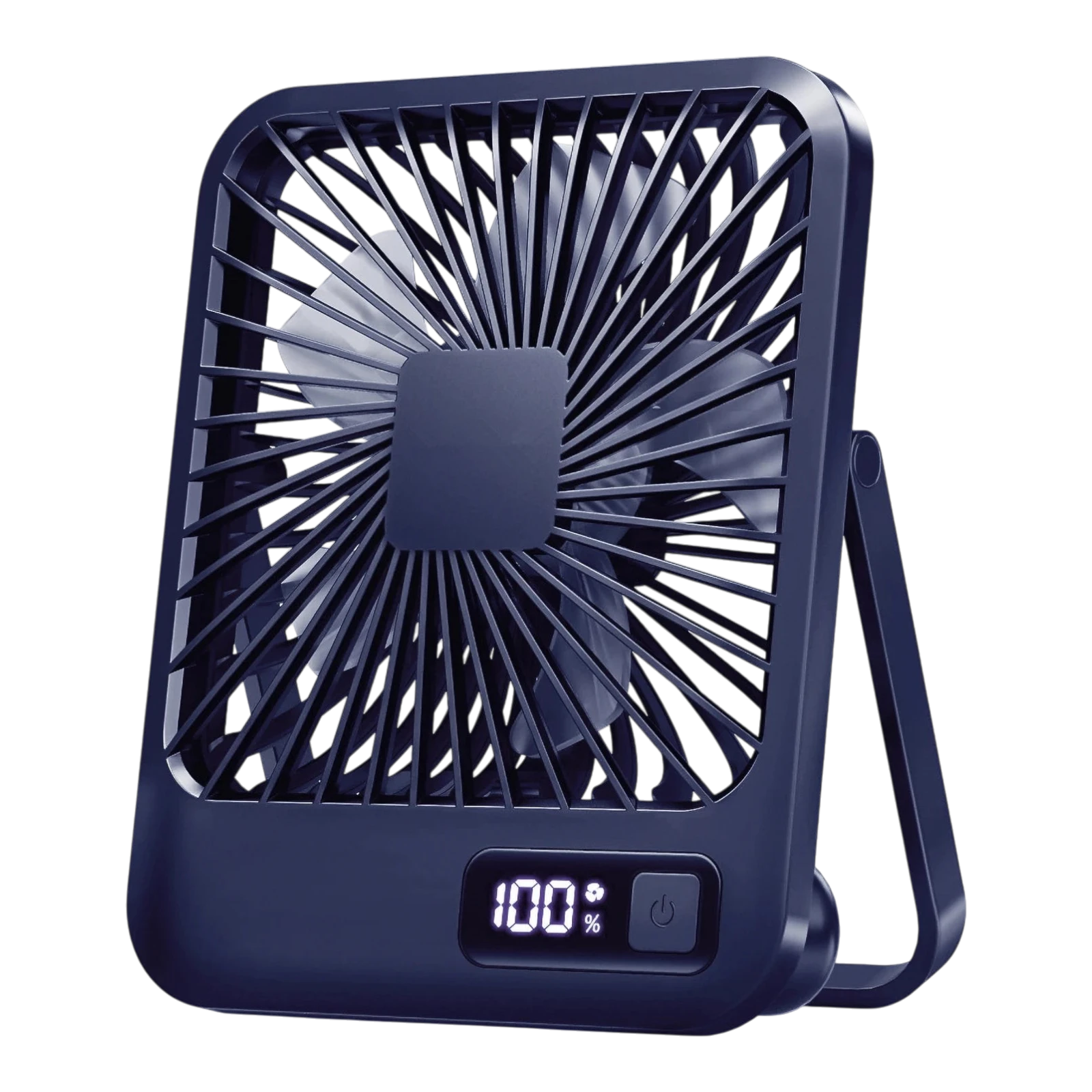 zero2cart rechargeable portable desk fan in dark blue with digital battery display and foldable stand