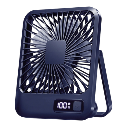 zero2cart rechargeable portable desk fan in dark blue with digital battery display and foldable stand