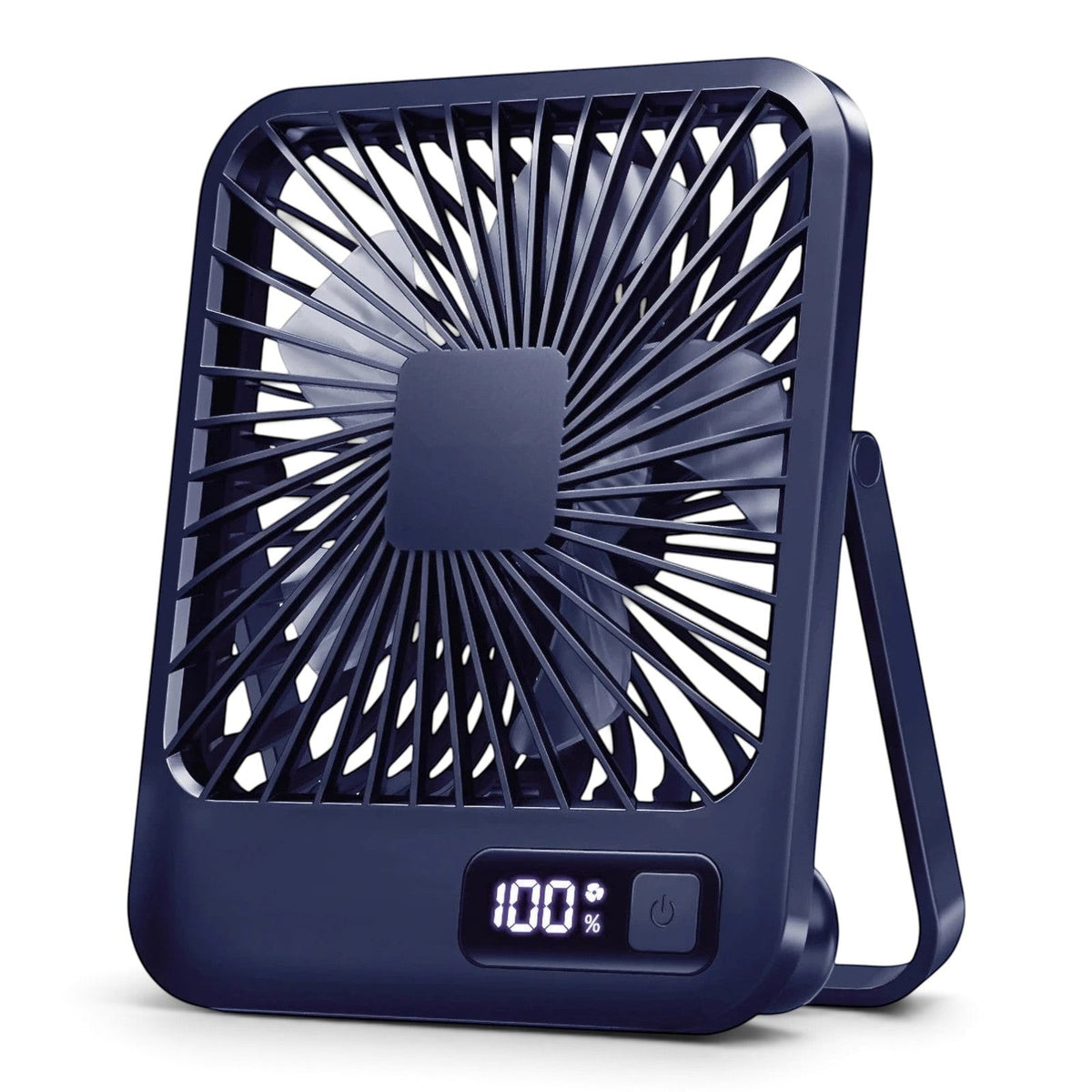 zero2cart rechargeable portable desk fan in dark blue with digital battery display and foldable stand