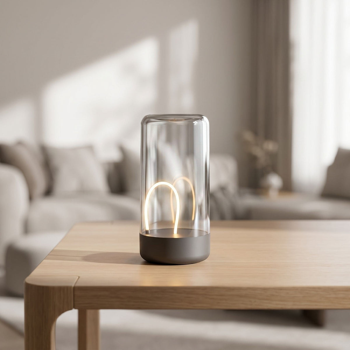 zero2cart minimalist portable rechargeable night light with a clear glass dome and warm glowing LED on a wooden table