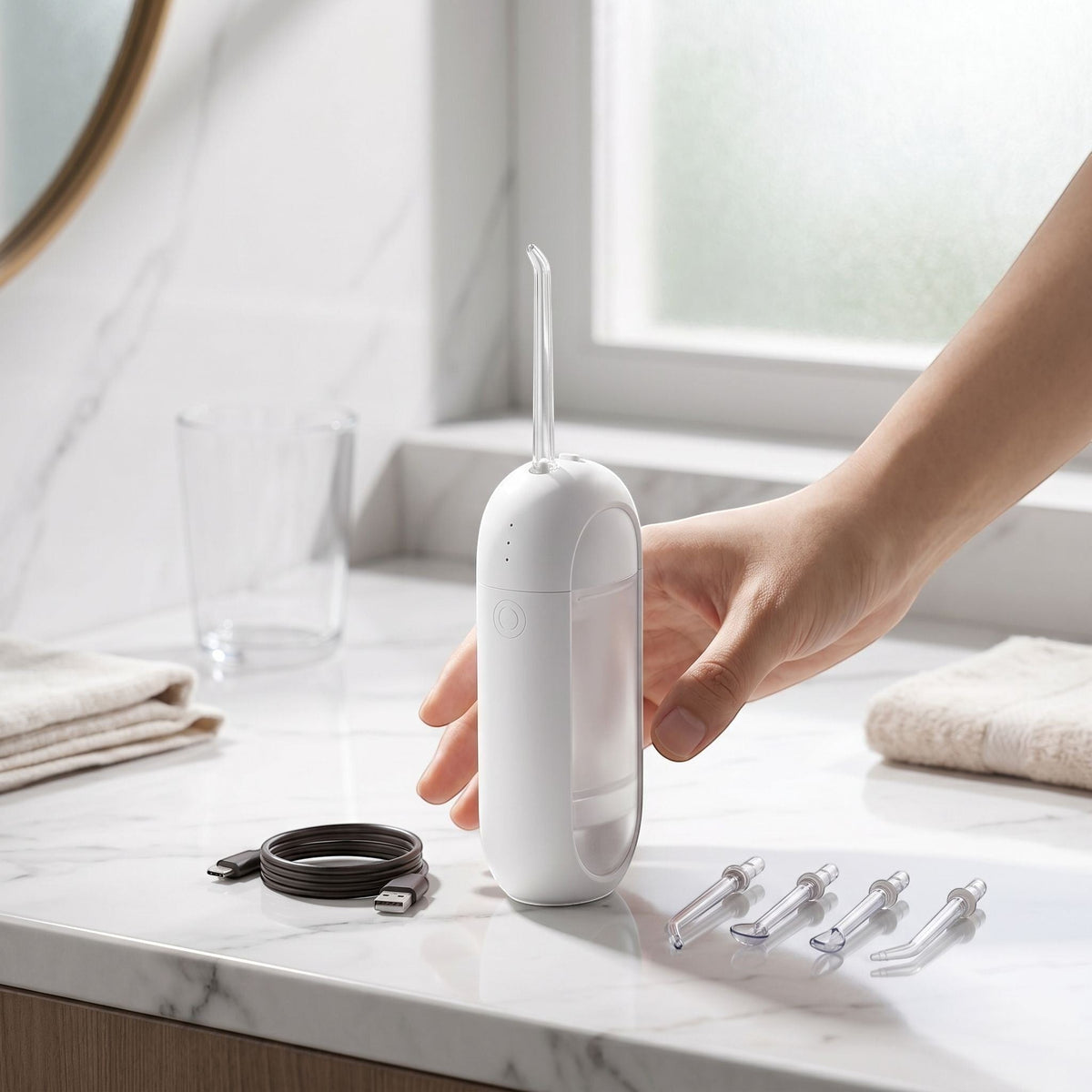 zero2cart portable rechargeable water flosser with four nozzle attachments and USB charging cable on a bathroom vanity
