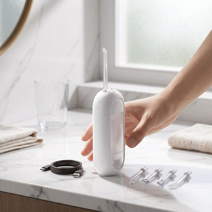 zero2cart portable rechargeable water flosser with four nozzle attachments and USB charging cable on a bathroom vanity