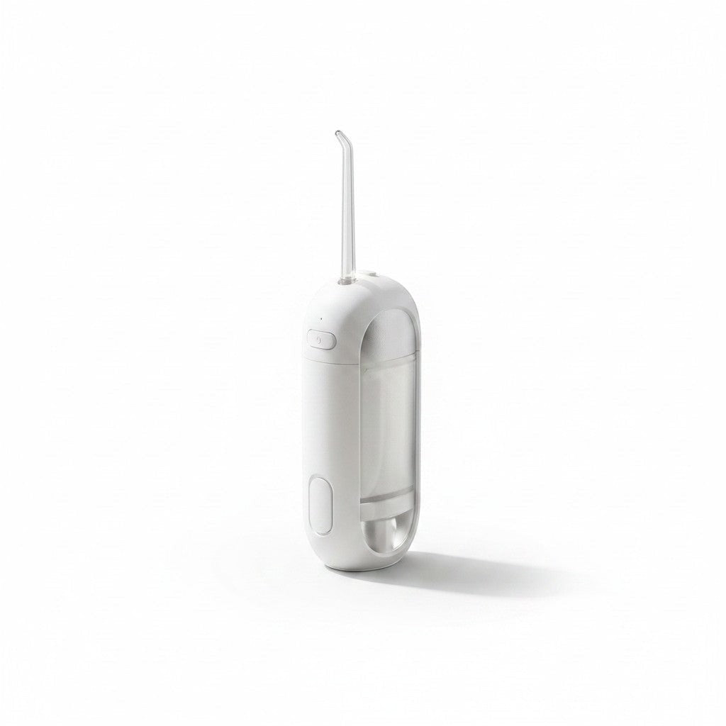 zero2cart portable rechargeable water flosser in white with a compact design and nozzle attachment
