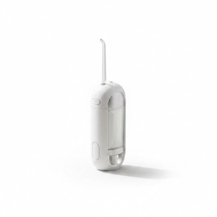 zero2cart portable rechargeable water flosser in white with a compact design and nozzle attachment