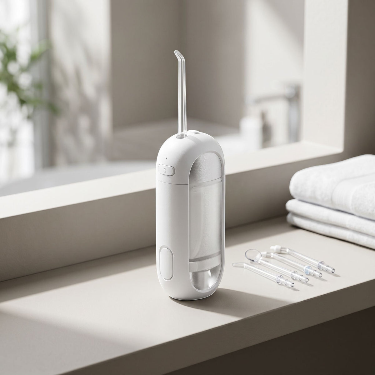 zero2cart portable rechargeable water flosser in white with four nozzle attachments on a bathroom counter