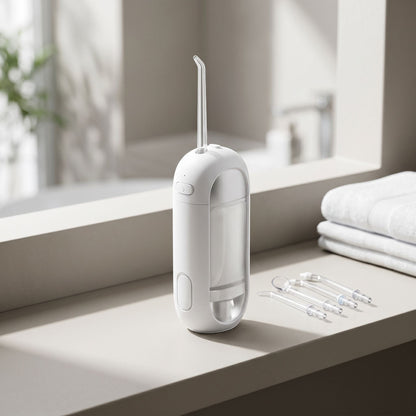 zero2cart portable rechargeable water flosser in white with four nozzle attachments on a bathroom counter