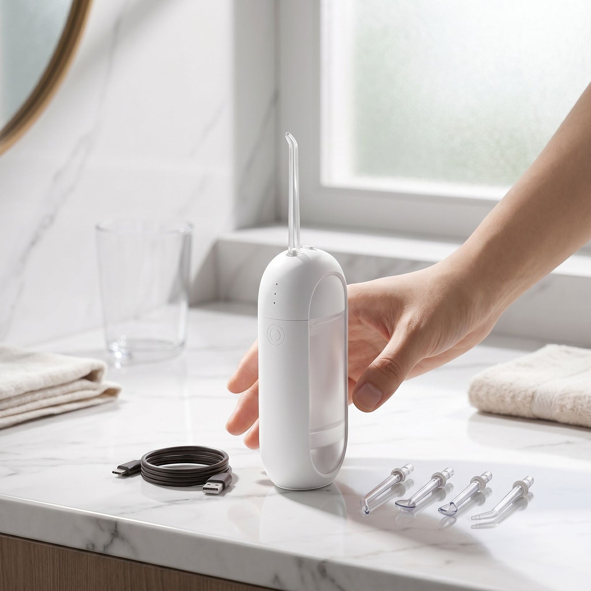 zero2cart portable rechargeable water flosser with four nozzle attachments and USB charging cable on a bathroom vanity