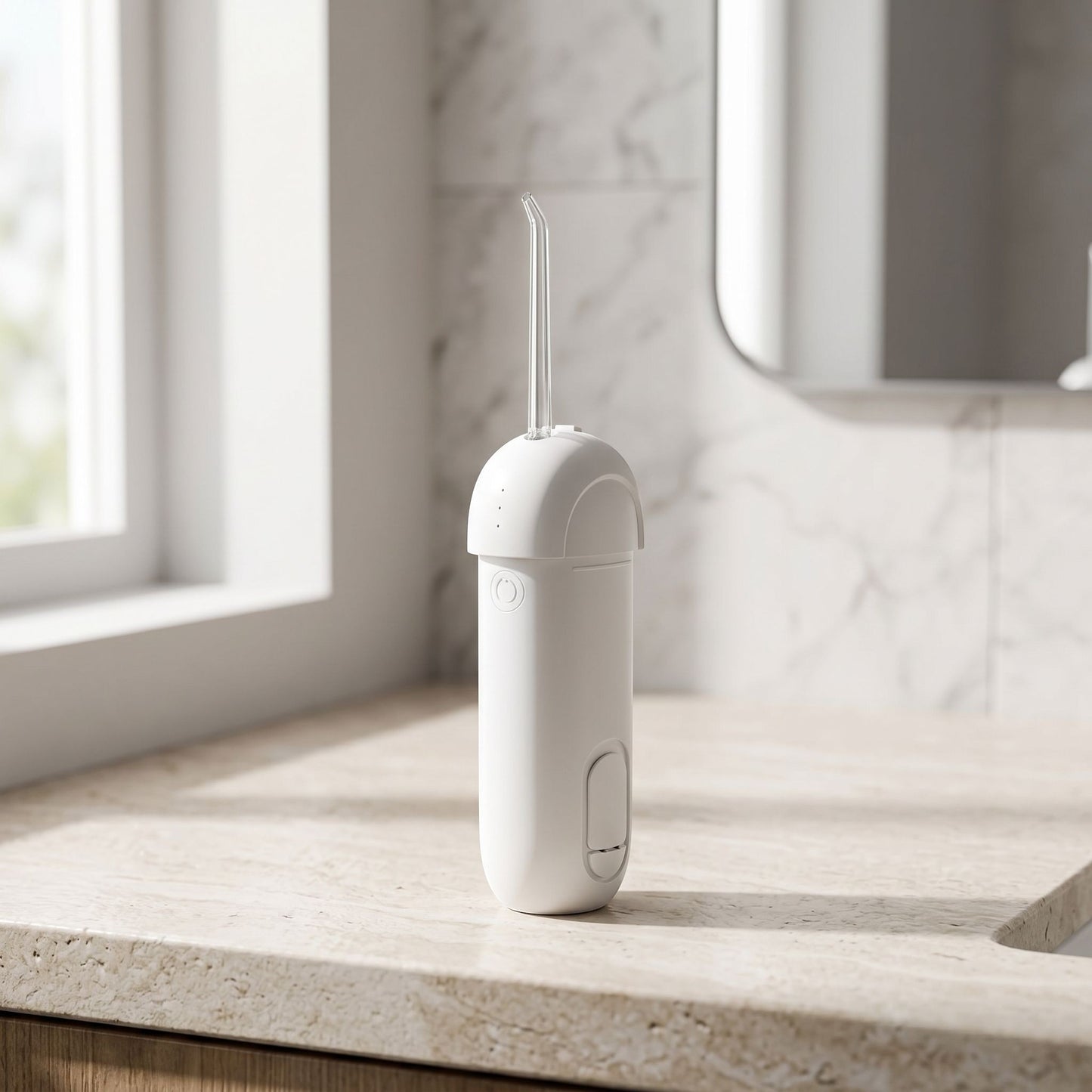 zero2cart portable rechargeable water flosser in white with a nozzle attachment, sitting on a bathroom countertop.