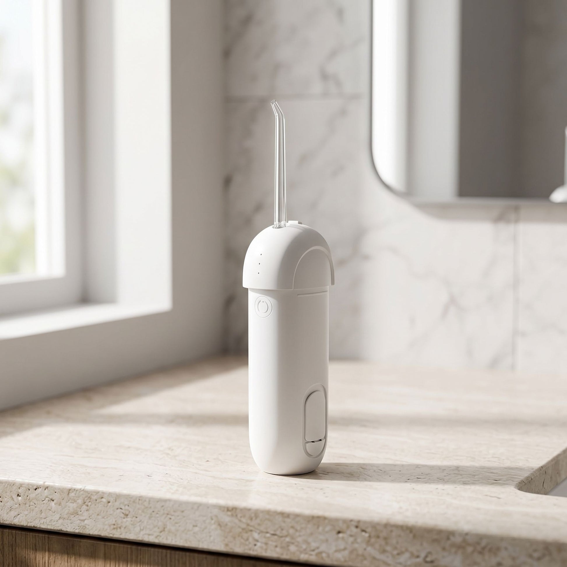 zero2cart portable rechargeable water flosser in white with a nozzle attachment, sitting on a bathroom countertop.
