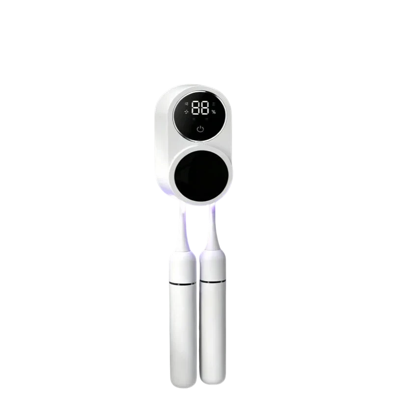 zero2cart portable toothbrush sterilizer case with dual slots, LED display, and automatic drying for travel.
