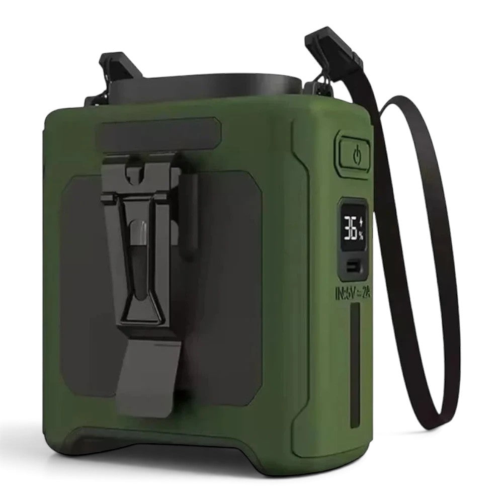 zero2cart 20000mAh portable waist clip fan in olive green with LED display, power bank function, and belt clip.