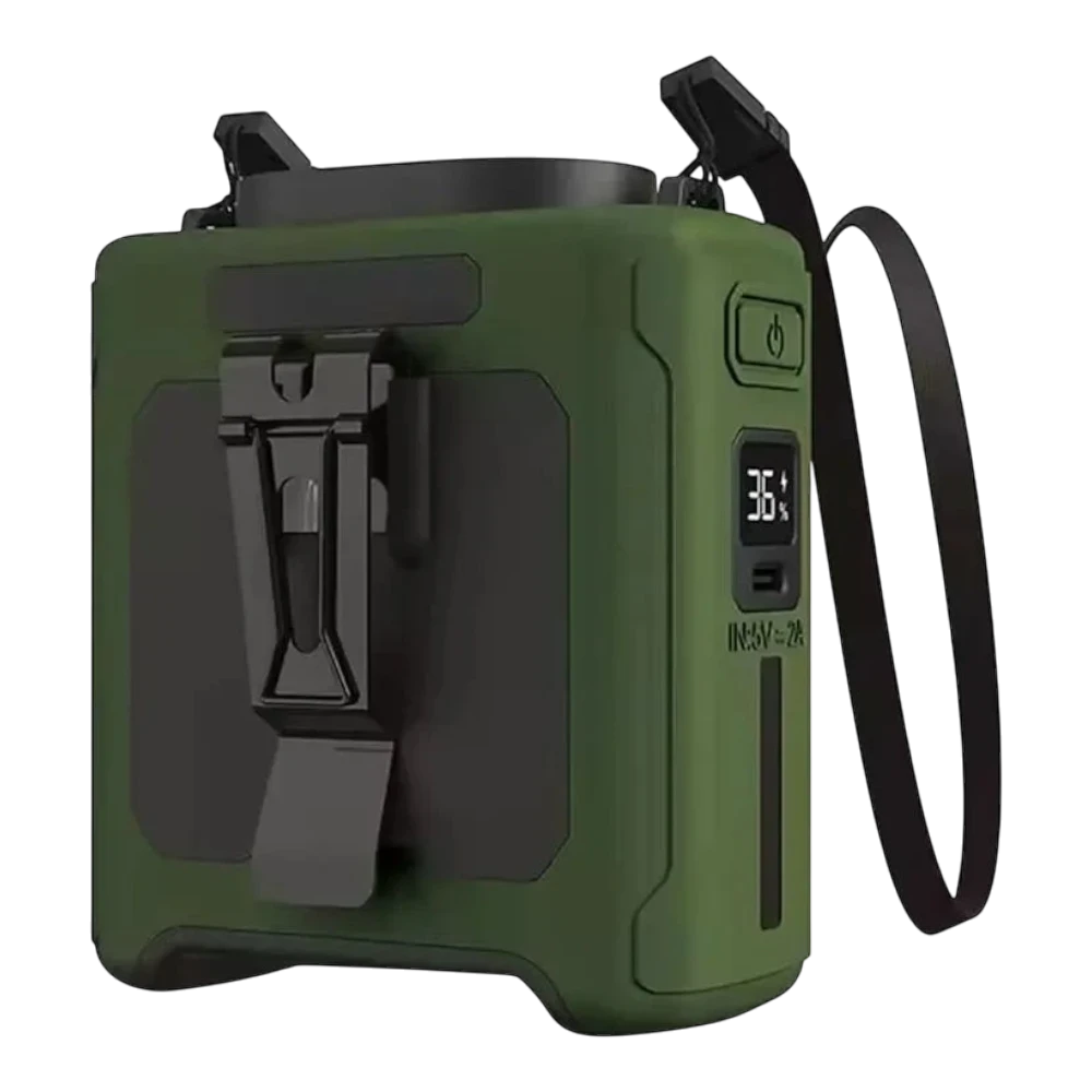zero2cart 20000mAh portable waist clip fan in olive green with LED display, power bank function, and belt clip.