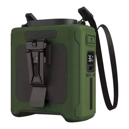 zero2cart 20000mAh portable waist clip fan in olive green with LED display, power bank function, and belt clip.