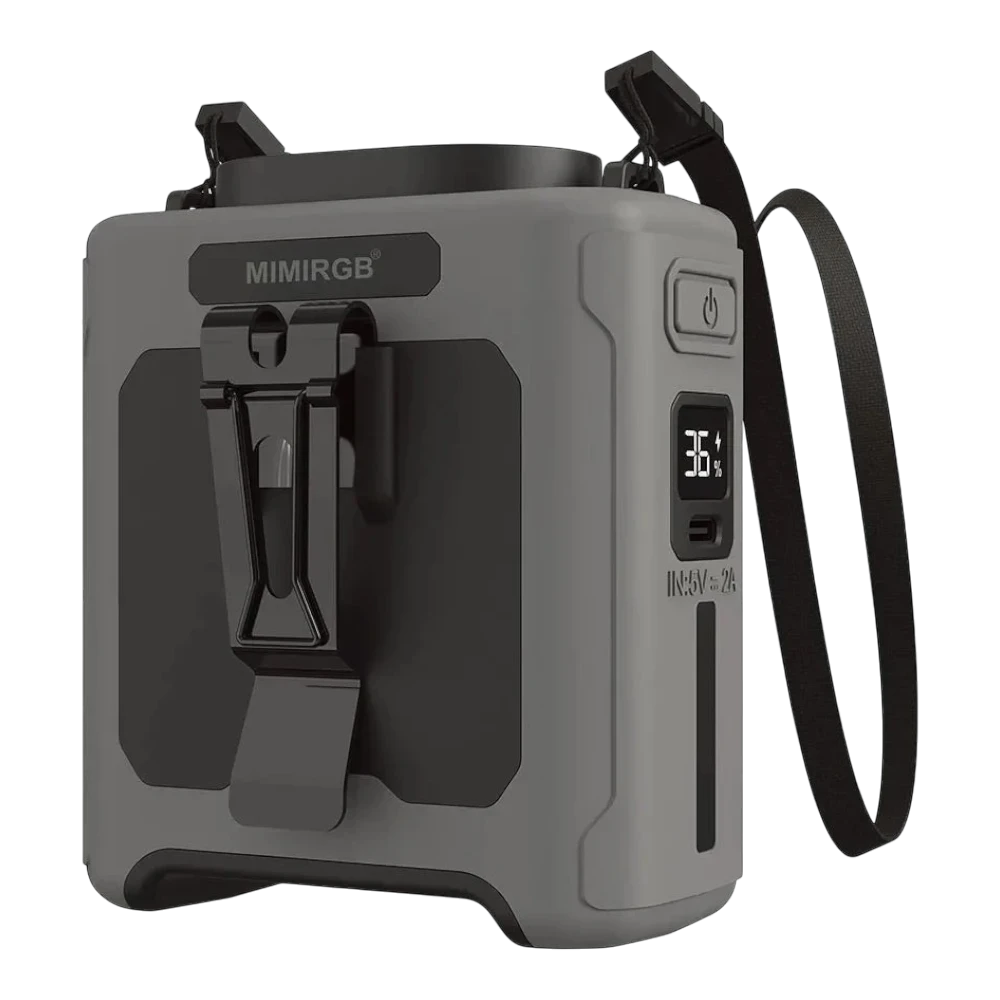 zero2cart 20000mAh portable waist clip fan in grey with LED display, power bank function, and adjustable speed settings.