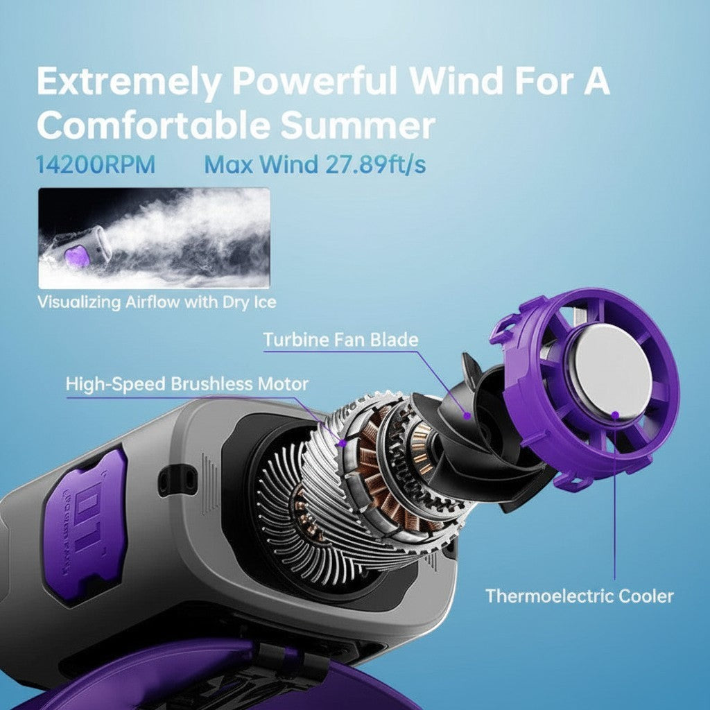 zero2cart M91 portable waist clip fan showing internal brushless motor, turbine blades, and thermoelectric cooler.