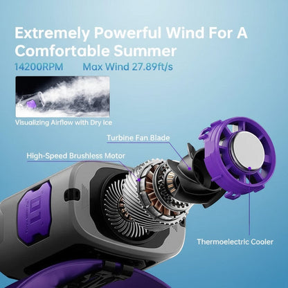 zero2cart M91 portable waist clip fan showing internal brushless motor, turbine blades, and thermoelectric cooler.