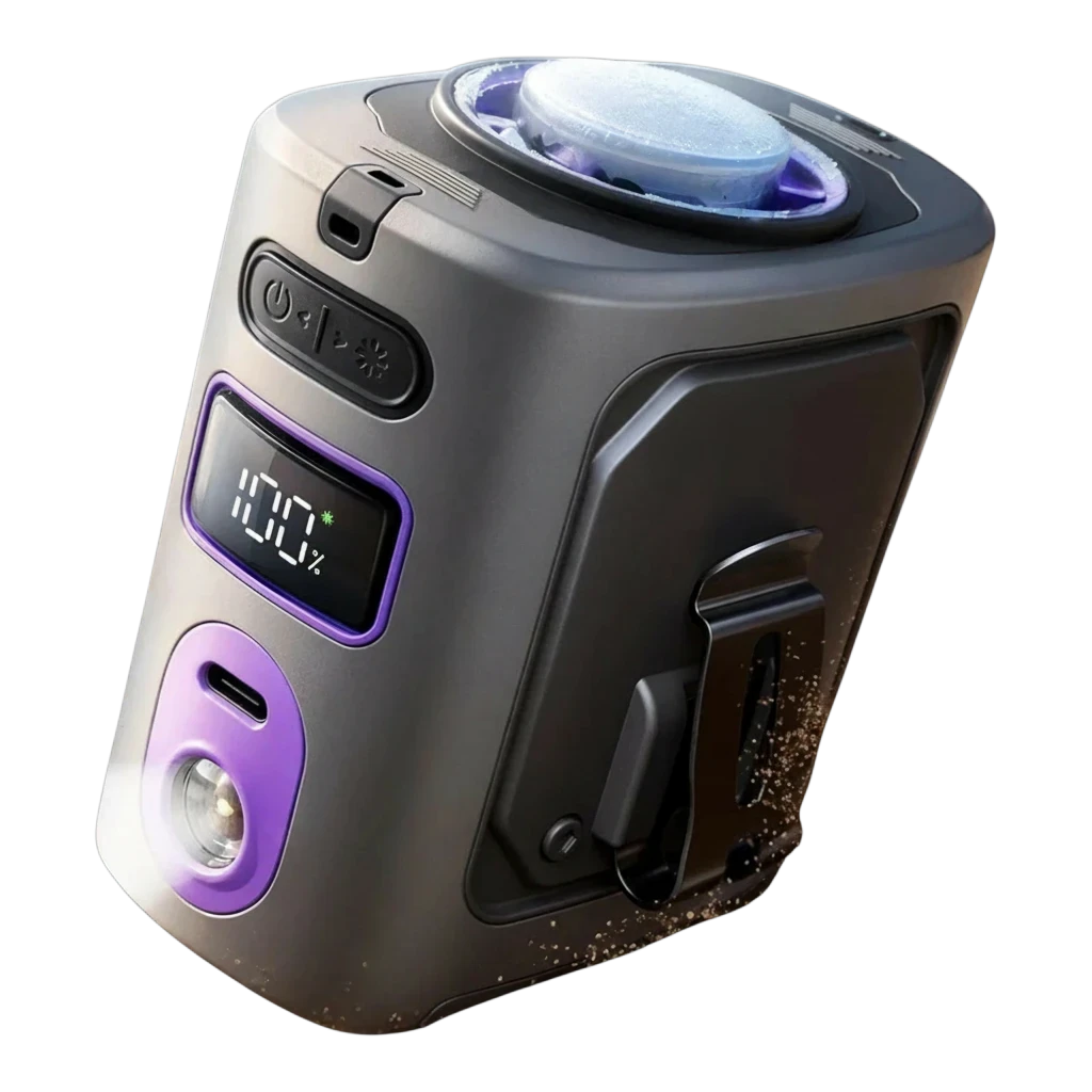 zero2cart M91 portable waist clip fan with digital battery display, purple accents, and integrated cooling pad.
