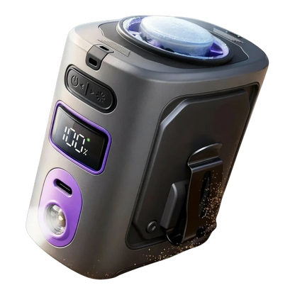 zero2cart M91 portable waist clip fan with digital battery display, purple accents, and integrated cooling pad.