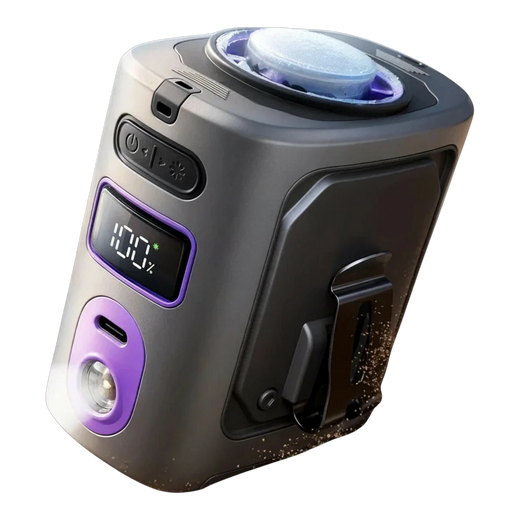 zero2cart M91 portable waist clip fan with digital battery display, purple accents, and integrated cooling pad.