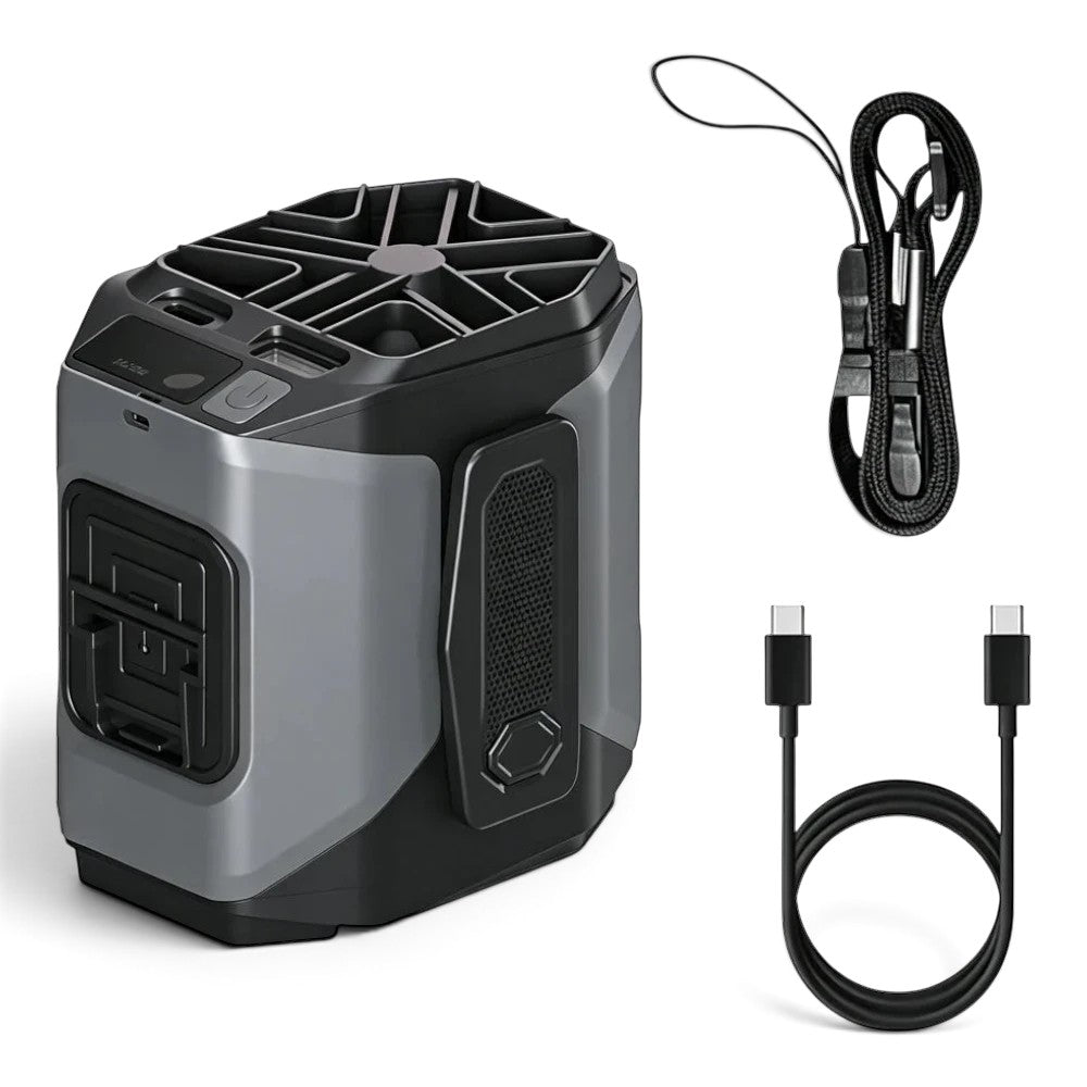 zero2cart 20000mAh portable waist clip fan in grey with LED display, flashlight, and included charging cable and lanyard
