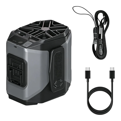 zero2cart 20000mAh portable waist clip fan in grey with LED display, flashlight, and included charging cable and lanyard
