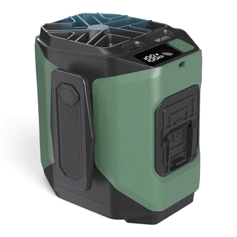 zero2cart 20000mAh portable waist clip fan in olive green with LED display, power bank function, and flashlight.