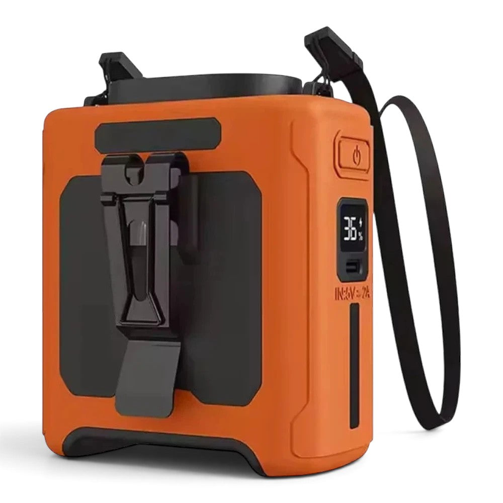 zero2cart 20000mAh portable waist clip fan in orange and black with LED display, power bank, and flashlight features.