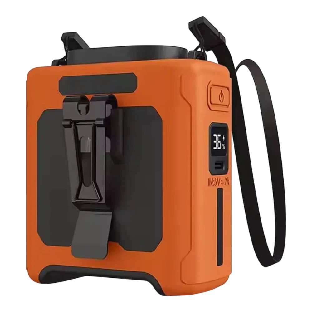 zero2cart 20000mAh portable waist clip fan in orange and black with LED display, power bank, and flashlight features.