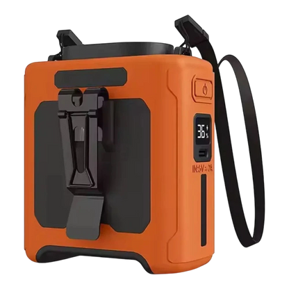 zero2cart 20000mAh portable waist clip fan in orange and black with LED display, power bank, and flashlight features.