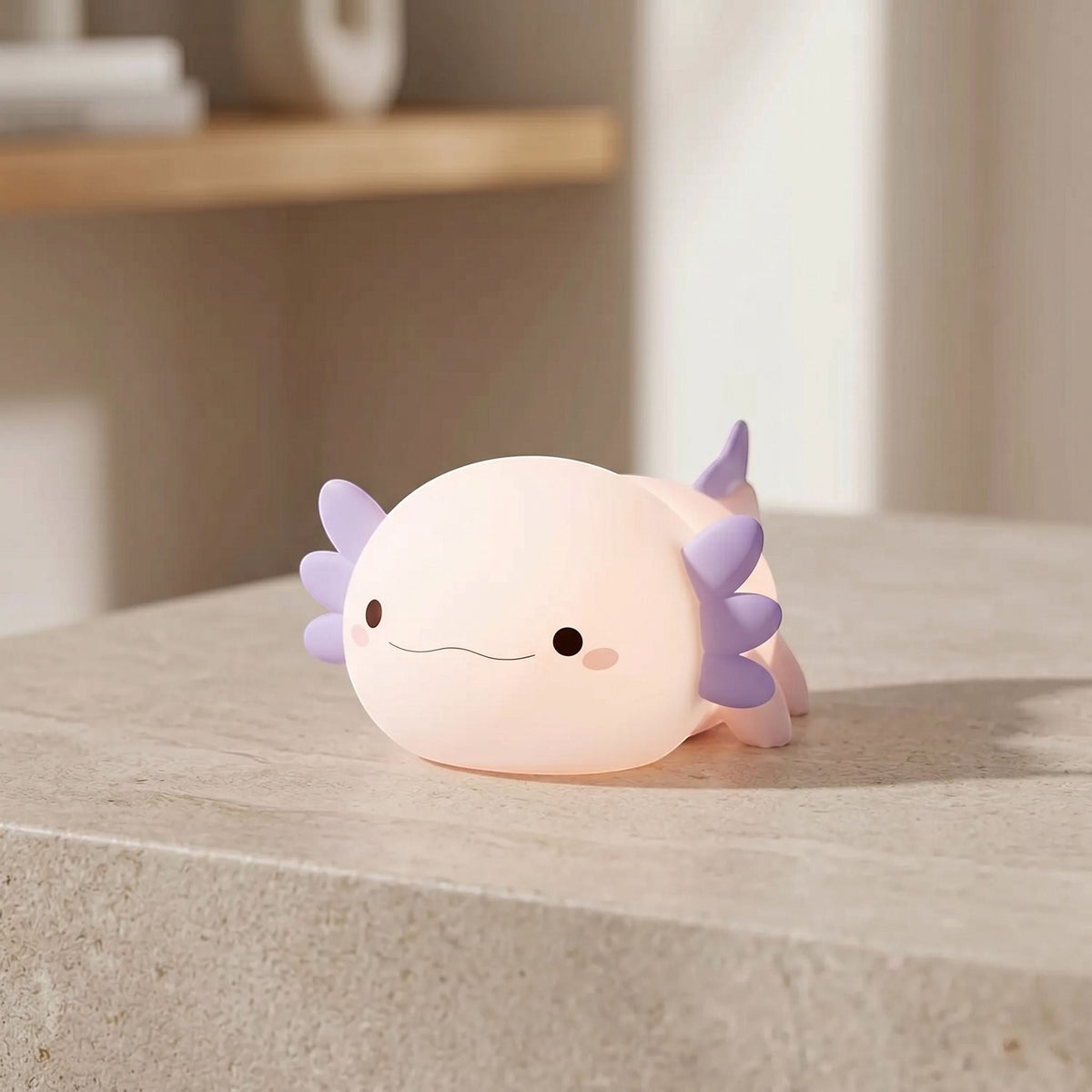 zero2cart purple axolotl rechargeable night light with a soft glow on a bedside table
