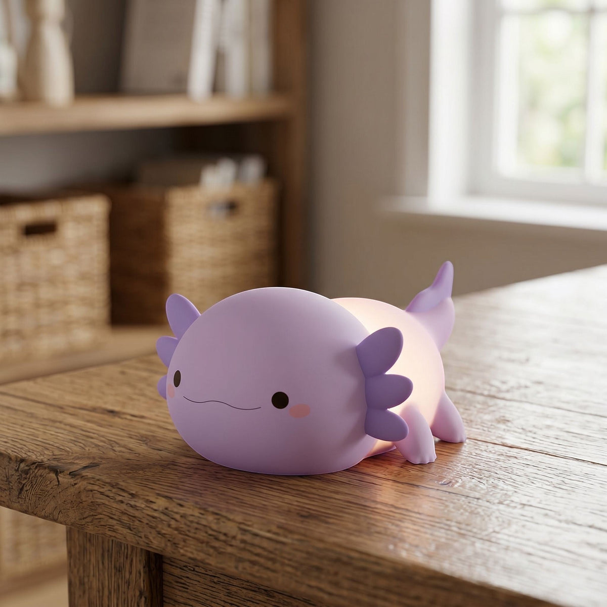 zero2cart purple axolotl rechargeable night light with a soft glowing body on a wooden table in a cozy room