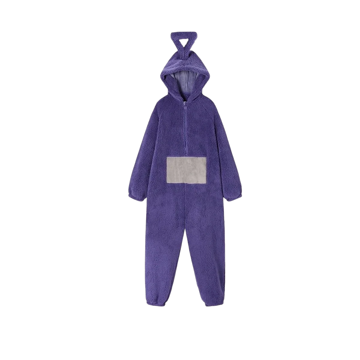 zero2cart purple fleece hooded character onesie with a triangle antenna and front square patch for cozy loungewear