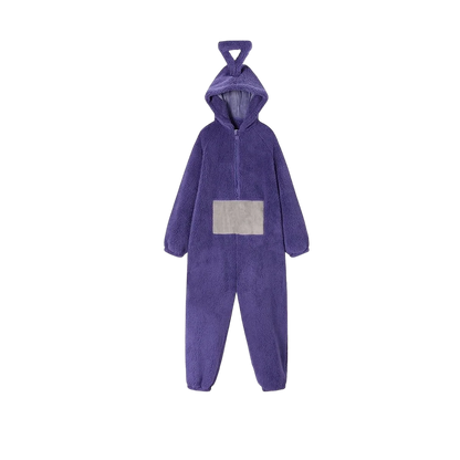 zero2cart purple fleece hooded character onesie with a triangle antenna and front square patch for cozy loungewear