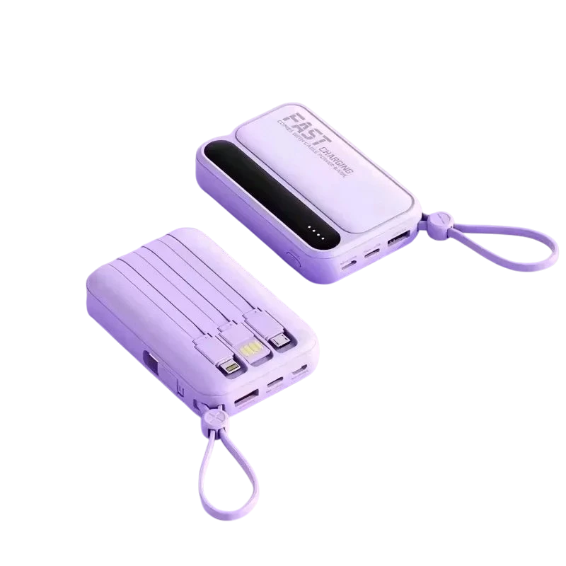 zero2cart purple portable power bank with built-in cables, digital display, and carry strap for fast charging