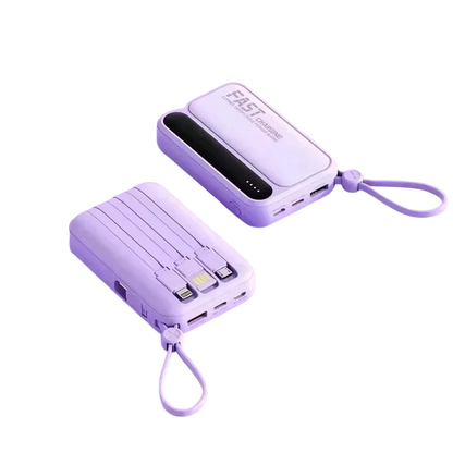 zero2cart purple portable power bank with built-in cables, digital display, and carry strap for fast charging