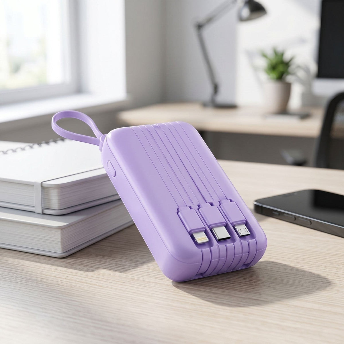 zero2cart purple portable power bank with built-in cables and a carry loop on a wooden desk