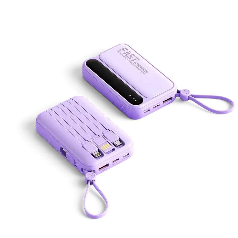 zero2cart purple portable power bank with built-in cables, digital display, and carry strap for fast charging