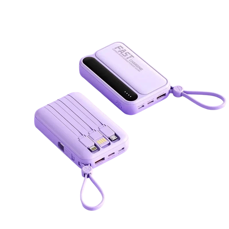 zero2cart purple portable power bank with built-in cables, digital display, and carry strap for fast charging