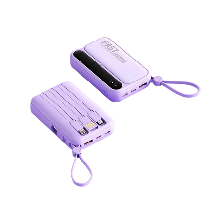 zero2cart purple portable power bank with built-in cables, digital display, and carry strap for fast charging