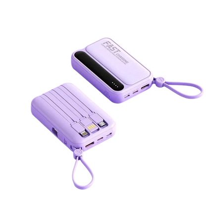zero2cart purple portable power bank with built-in charging cables, digital display, and carry strap