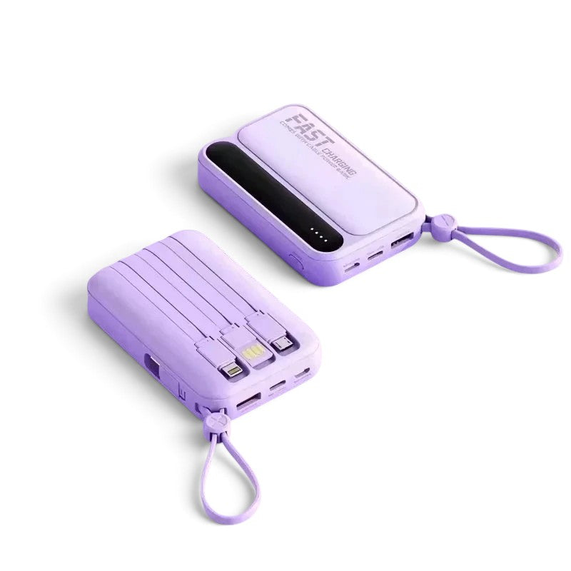 zero2cart purple portable power bank with built-in cables, digital display, and carry strap for fast charging