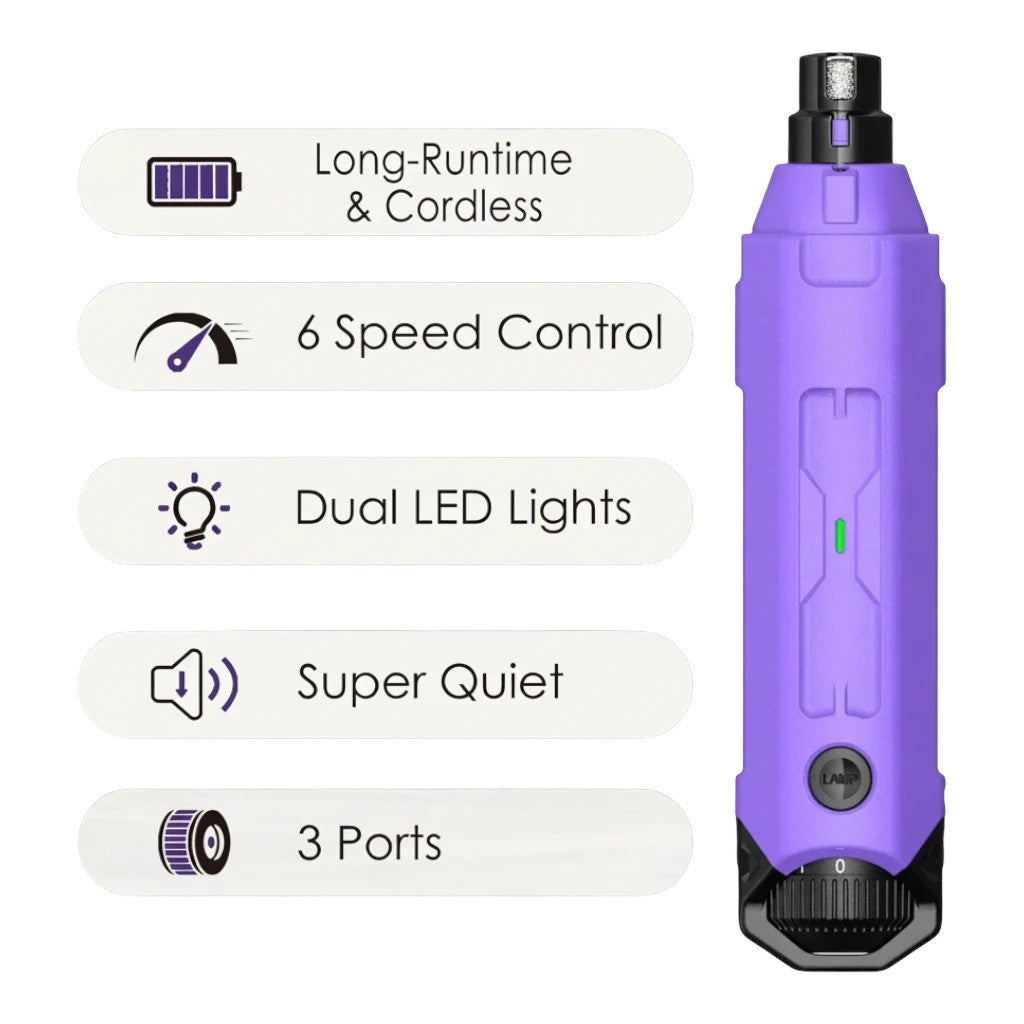 zero2cart rechargeable purple dog nail grinder with 6 speed settings, LED lights, and 3 ports for pet grooming