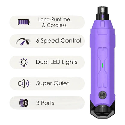 zero2cart rechargeable purple dog nail grinder with 6 speed settings, LED lights, and 3 ports for pet grooming