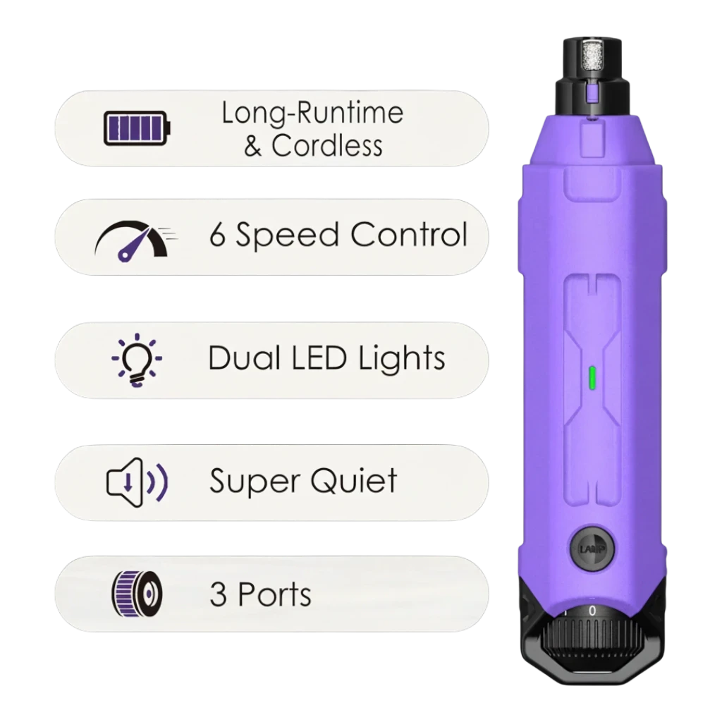 zero2cart rechargeable purple dog nail grinder with 6 speed settings, LED lights, and 3 ports for pet grooming
