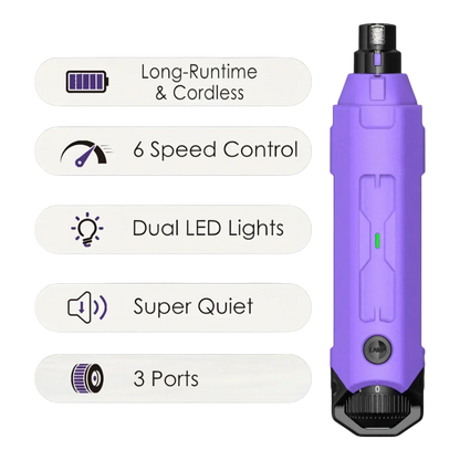 zero2cart rechargeable purple dog nail grinder with 6 speed settings, LED lights, and 3 ports for pet grooming