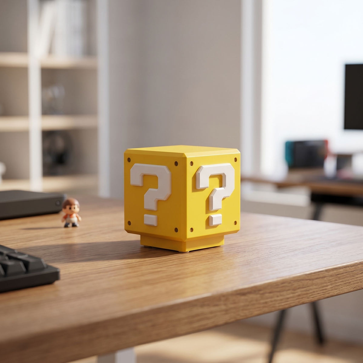 zero2cart yellow question mark brick LED night light on a wooden desk in a gaming room setting